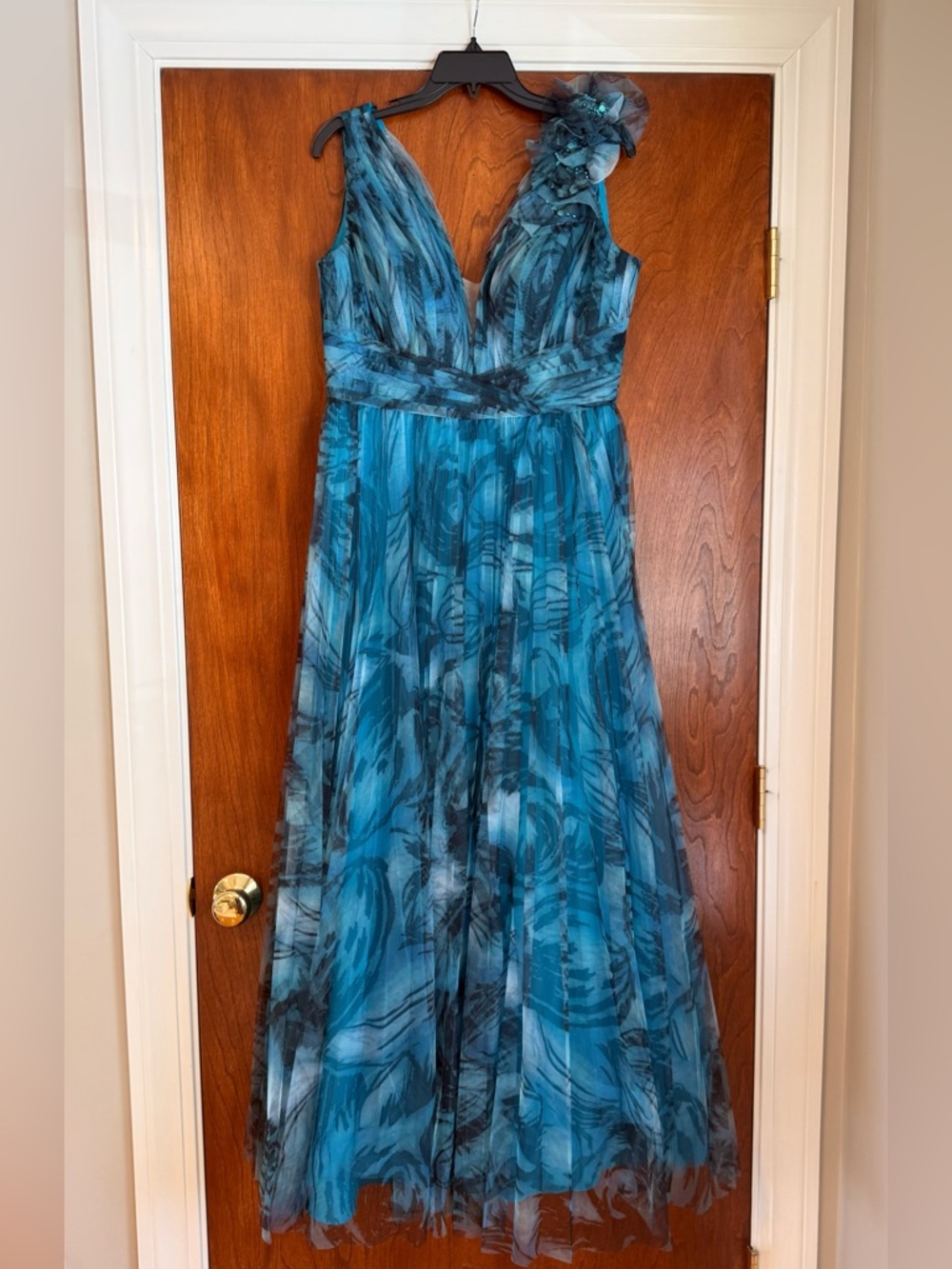Marfil Barcelona Plus Teal Blue Floral-Print Formal Tulle Gown with V-Neck
